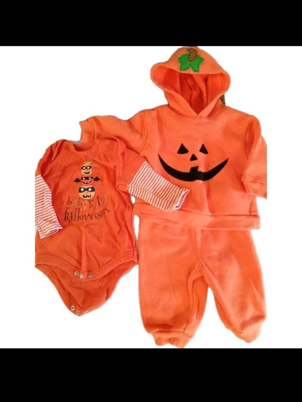 3-6mo Baby Pumpkin Hoodie Sweat Shirt Pants Set and Halloween Onezie Outfit 3Pcs